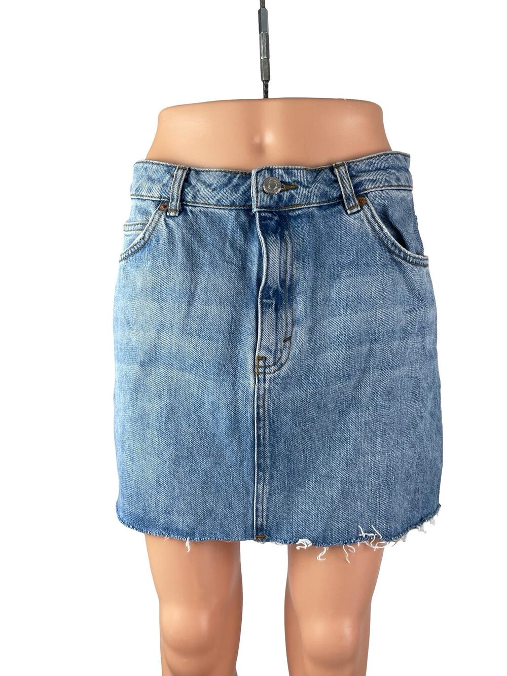Topshop Moto Women Blue Medium Wash High Waist Raw Hem Pencil Denim Jean Skirt 8